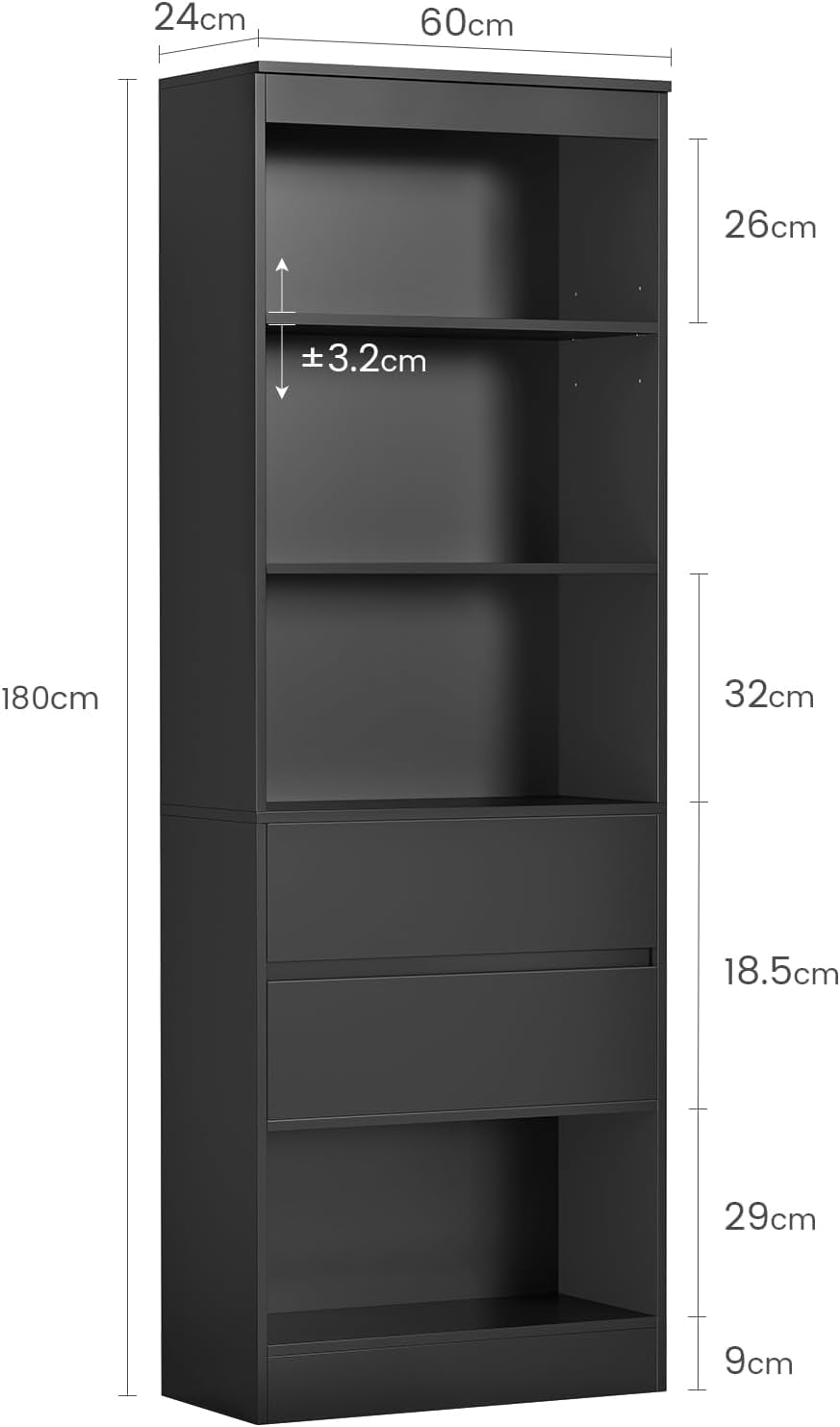 Mobile Alto con Ripiano Regolabile, Mensola in Piedi, Mobiletto da Bagno, Libreria a Scomparti Aperti,Mobiletto Multiuso per Bagno, Soggiorno, Camera da Letto, 180 x 60 x 30 cm(Nero)