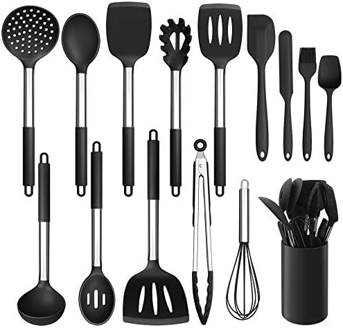 LIANYU 15-Piece Kitchen Cooking Utensils Set with Holder, Silicone Kitchen Tools Stainless Steel Handle, Slotted Spatula Spoon Turner Tong Whisk Brush for Cooking, Black
