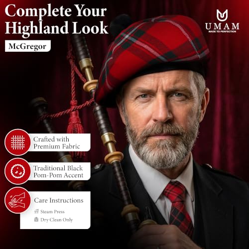 Image of Scottish Tam O' Shanter Hat Tartan Bonnet Pom Pom Wool Flat Cap One Size