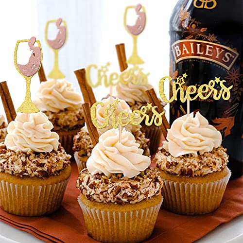 24 Pcs Cheers Cupcake Toppers Double Layer Glitter Champagne Glass Cupcake Picks For Baby Shower Kids Boys Girls Birthday Wedding Banquet Theme Party Cake Decorations Supplies #TOP3