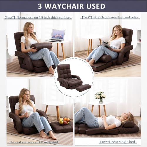 Image of Floor Chair for Adults with Back Support, 14-Position Adjustable Floor Sofa with Pillow & Armrests, Faux Leather Floor Lounger Chair for Gaming, Reading & Living Room (Brown)