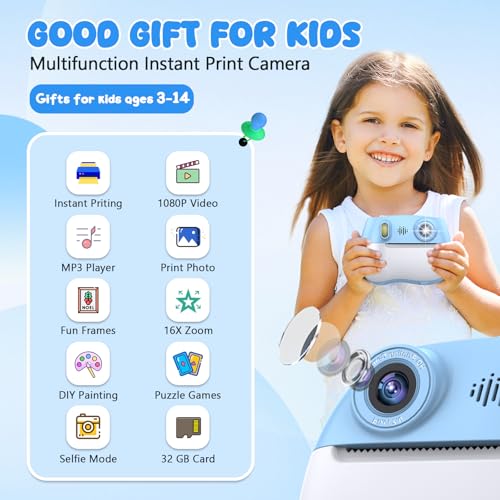 Câmera infantil com impressão instantânea 1080p frente traseira dupla selfie – Câmera digital infantil com videogames, papel de impressão de 32 GB e 5 cores/250 fotos, fácil de usar e ótimos - Imagem 2