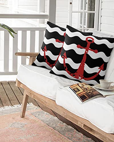 Outdoor Waterproof Throw Pillows Red Anchor Black White Wave Patio Pillows Pack of 2,Decorative Pillow Covers with Insert,Pillow Cushion Case for Garden Couch Sofa Nautical Theme Retro Ripples Line