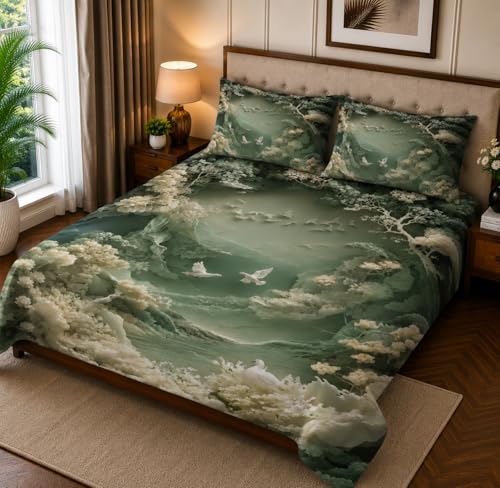 Image of 7D Digital Printed King Size Bedsheet with 2 Pillow Covers | Soft Premium Cotton Feel Microfiber Double Bed Bedsheet | Wrinkle Free & Fade Resistant | (Greenmulti2, KingSize-225x250CM)