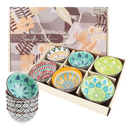 Keramische Servierschalen 6er Set,Kleine Bunt Dipschalen - 300 ml,Ø 12cm,Keramik Dip Schälchen,Bohème-Stil Tapas Schalen Set,Handgefertigte Snackschalen zum Dippen,Suppe,Desserts,Snacks,Früchte,Salate