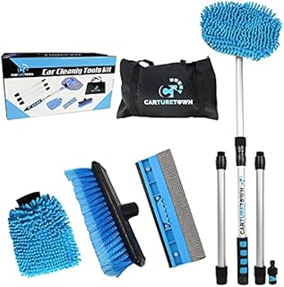 CARTURETOWN 10 Pieces Car Wash Cleaning Kit- Long Handle Brush, Soft Bristle Exterior Duster, Scratch Free Mitt, Squeegee and Hose Attachment - Essential Supplies for Auto Care, Washing and Scrubbing