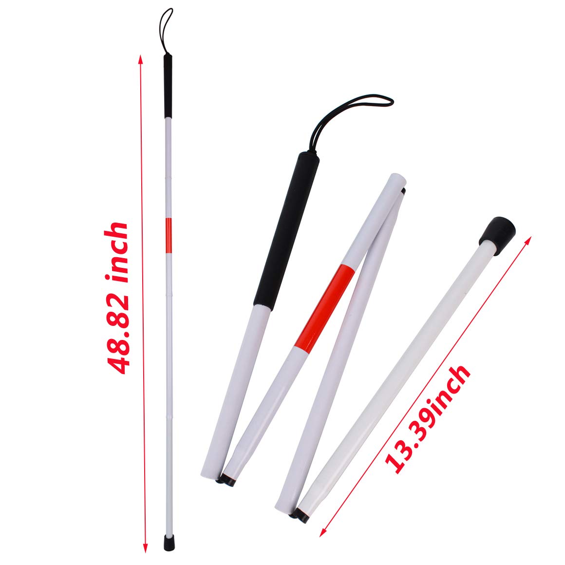 Bastón plegable de aluminio reflectante rojo, 48 pulgadas de largo