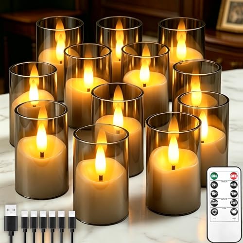Image of Rechargeable Flameless Candles with Timer Remote | 1.7 inchx2.6 inch Clear Acrylic LED Tea Lights Candles,Small Votive Electric LED Candles for Home Wedding Holiday Decor Gray(12 Pack)