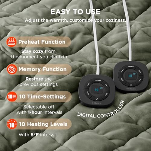 Image of Bedsure Electric Blanket King Size - Dual Control Heated Weighted Blanket King with 10 Heat Settings, Fast Heating with 10 Time Settings (100x90 inches, Olive Green)