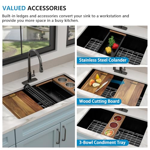 Image of 36 inchx19 inch Matte Black Undermount Kitchen Sink Workstation | 16 Gauge T304 Stainless Steel, Nano-PVD Black Finish, Under Counter with Integrated Ledge, Round Corners, Single Bowl Basin