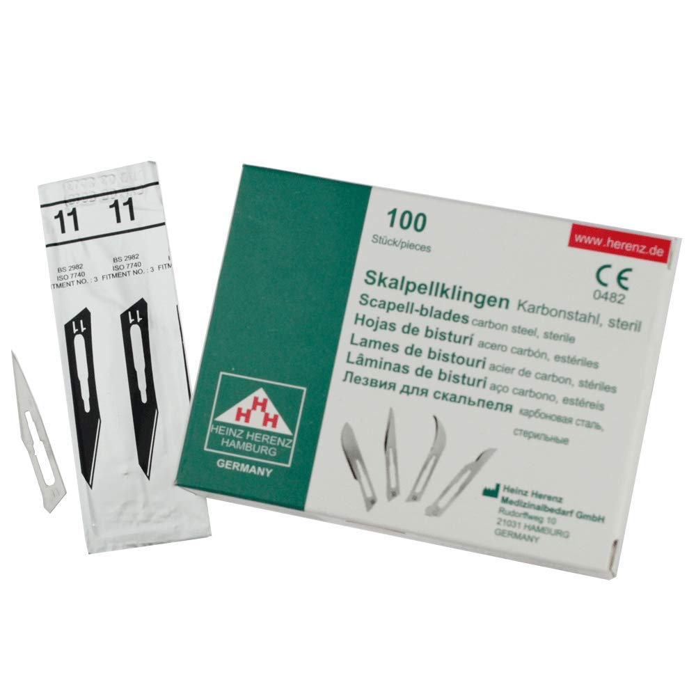May Set 100 x Skalpellklingen Figur 11 Ersatzklingen einzeln steril verpackt + 1 x Skalpellhalter 21 cm lang aus Edelstahl