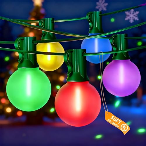 Jasneniebo 50Ft Outdoor Globe String Lights, LED G40 Colored Christmas Lights with 27 Shatterproof...