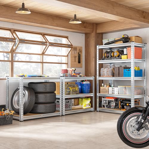 Image of REIBII Garage Shelving, 5 Tier Storage Shelves Load 2400LBS, Adjustable Garage Shelving Heavy Duty, Metal Shelves Unit with Waterproof Columns, 35.5 inch W x 11.9 inch D x 72 inch H, Galvanized, 2 Pack