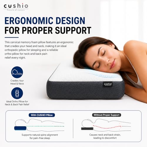 Image of CUSHIO Memory Foam Pillow for Neck Pain and Shoulder Pain, Cervical Orthopedic Pillow 21x13x3 Inch, Ergonomic Memory Foam Neck Support Pillow, Ortho Pillow for Sleeping (Set of 1) White & Grey