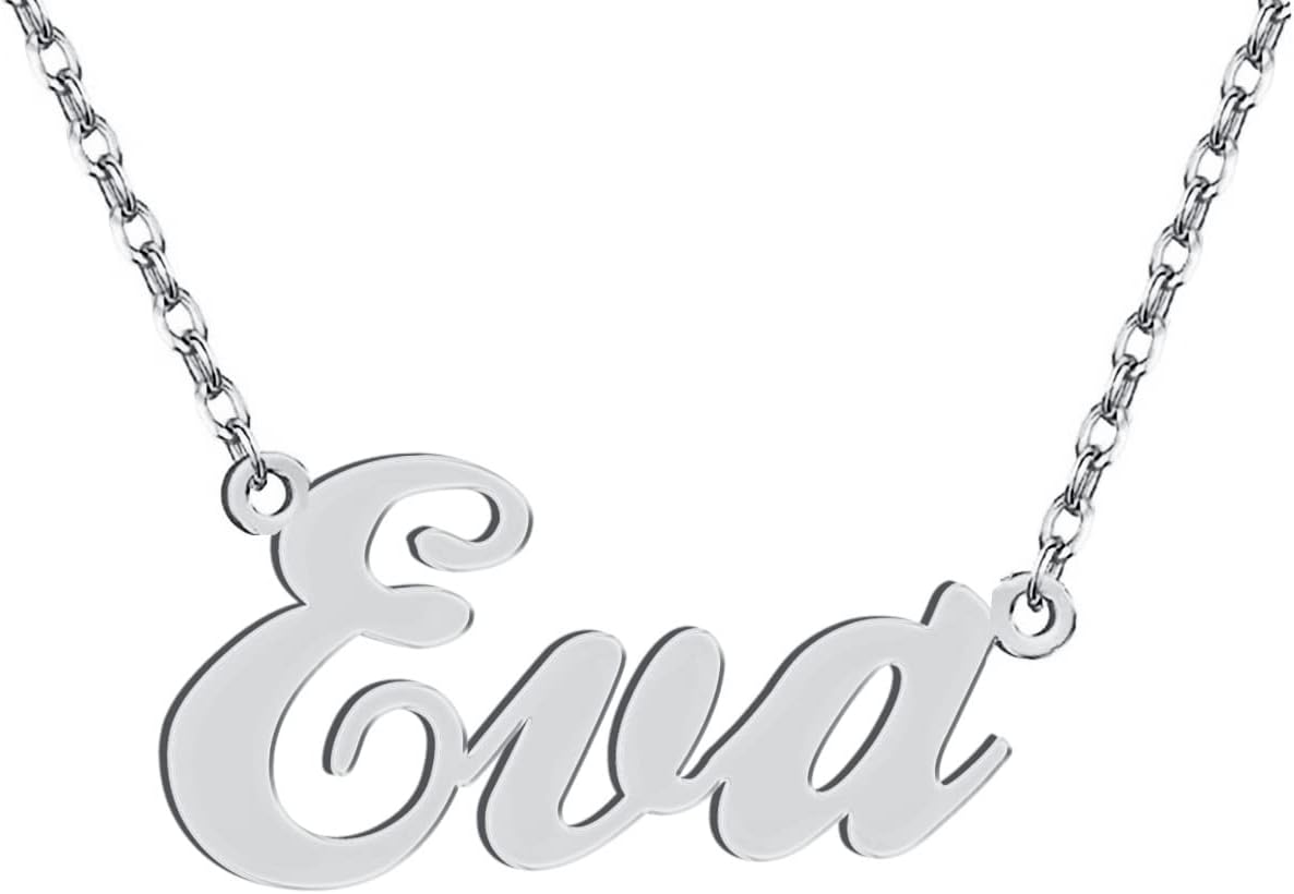 Dancing Wolf Silver Eva Name Necklace Initial Charm Nameplate Necklaces for Womens Birthday Friendship Jewelry Stainless Steel