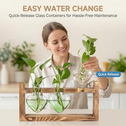 Plant Propagation Station 3Pcs Heart Vase with Wooden Stand Tabletop for Hydroponics Indoor Home Table Decor for Her Plant Lovers Women Mom Wife Daughter (Green) — view 3