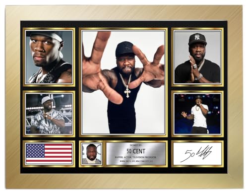 Image of 50 Cent Signed Autograph Photograph Display - Perfect for Hip Hop Fans, A4 Poster + Gold Frame - Limited Edition Autograph Fan Gift – Collectible Memorabilia Merchandise