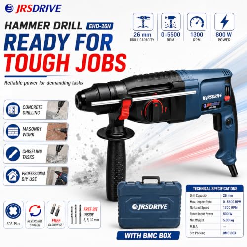 Image of EASTMAN EHD-26N Corded Electric Rotary Hammer Drill with SDS Plus, 800 W, 26 mm Drilling Capacity, 0-5500 BPM, 1300 RPM, Reversible Switch, BMC Box, Free Carbon Set & Drill Bits 6 /8 /10 mm, Blue