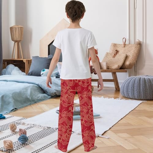 Boy's Pants Gold Chinese Dragon Red Jogger Pants Elastic Waist Long Bottoms Trousers with Pockets 6-14 Years3