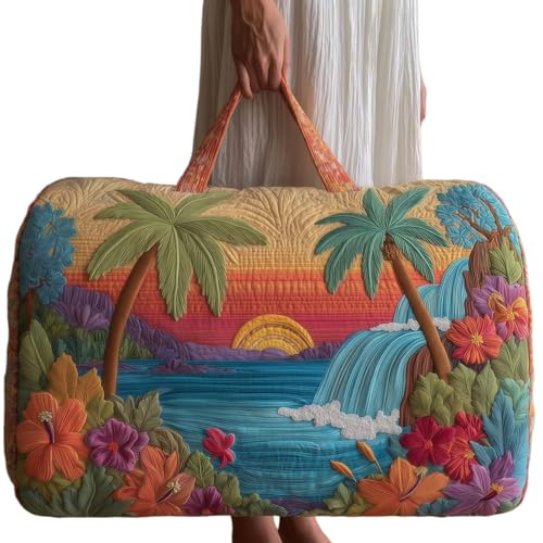 Hippie Van Quilted Duffle Bag,Retro BohoTravel Beach Portable Weekender Bag (F,L(18″Lx9″Wx9″H))