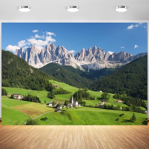 10x8ft Mountain Backdrop Alps Mountain Swiss Mountains Landscape Photography Background Nature Mountain Forest Green Hills Village Banner Outdoor Decorations Photo Booth Props