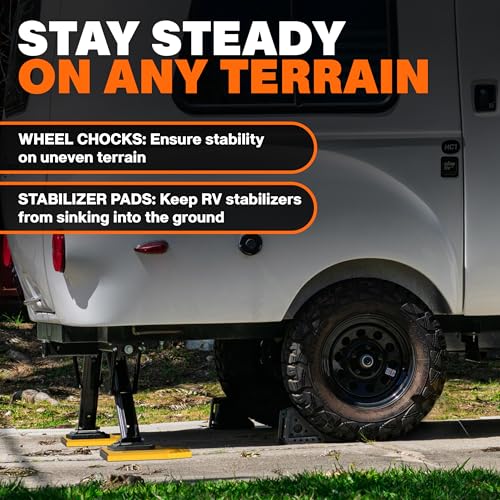 Travel Trailer/Toy Hauler Leveling, Stability, and Security Kit - Two Axle Leveling kit, Trailer Hitch Stand, Stabilizer Pads, Wheel Chocks, Hitch Lock, Custom Bags, and More!