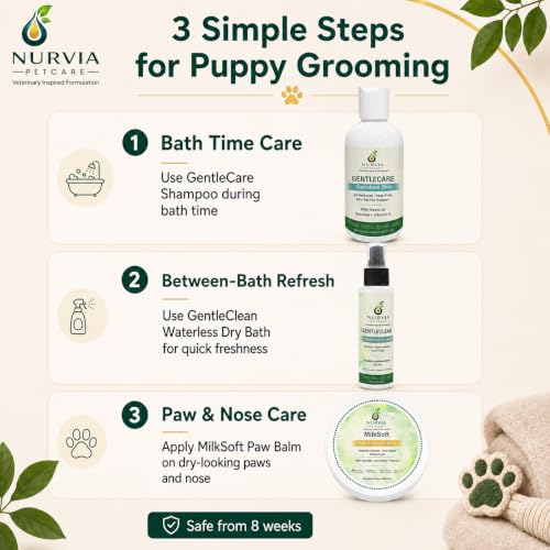 Image of Puppy Starter Kit by Nurvia Petcare | Oatmeal Puppy Shampoo + Waterless Dry Bath + Goat Milk Paw Balm | Hypoallergenic pH Balanced Sulphate-Free | 3-Step Gentle Grooming for Puppies 8 Weeks+