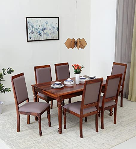 Image of JEENWOOD Wooden Dining Table 6 Seater | Solid Wood Dining Table with Chairs | Sheesham Wood | Dining Table and 6 Chairs | Home & Dining Room Furniture | Grey Cushion| Natural Teak Finish