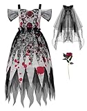 ReliBeauty Disfraz Novia Cadaver Niña 3 a 12 años con Velo y Rosas Halloween Novia de chucky, Negro,130
