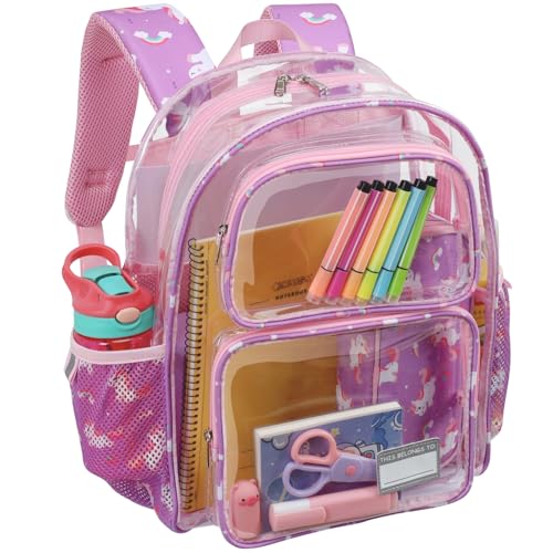 Bagseri Kids Clear Backpack Girls - 15 Inch Clear Bookbag for Kids Aged 3 to 8 Heavy Duty Transparent Backpack for School, Cute See Through Bag with Reflective Strip, Purple Unicorn