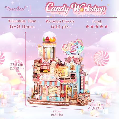 Image of Tonecheer 3D Wooden Puzzle for Adults- Candy Workshop, Mechanical Transmission Model Kit, Dynamic DIY Building Set with Music & Lights, Miniature House Kit Ideas