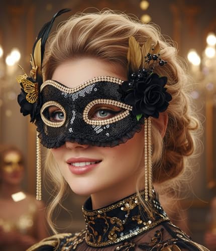 Maeaccx Black Masquerade Mask for Women, Gold Feather Ball Masks, Gold Butterfly Venetian Mardi Gras