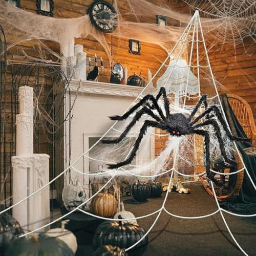 200" Halloween Spider Web + 59" Giant Spider Decorations, Triangular Huge Spiders Web and Hairy Scary Fake Spider, for Indoor Outdoor Porch Yard,... - Image 3