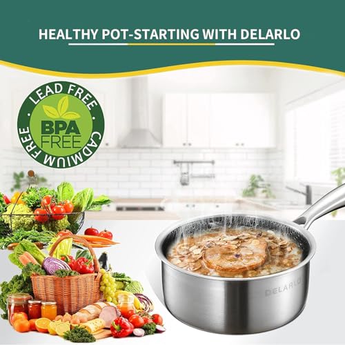 Image of DELARLO Full Clad Tri-Ply Stainless Steel Saucepan 2.5QT, All Stove Safe 600℉(Lids 300℉), Medium Sauce Pan with Lid, Non Stick Sauce Pan, Fast & Even Heat, Steel Pot with Lid, Energy Saving,2-1 /2 QT