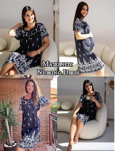Image of Ekouaer Women's House Dress with Pocket Button Mumus | Short Sleeve Nightgown, Floral Print Mumu Dresses, Square Casual Sleepwear, Boho Roomy Housecoat, Plus Size Soft Sleepwear