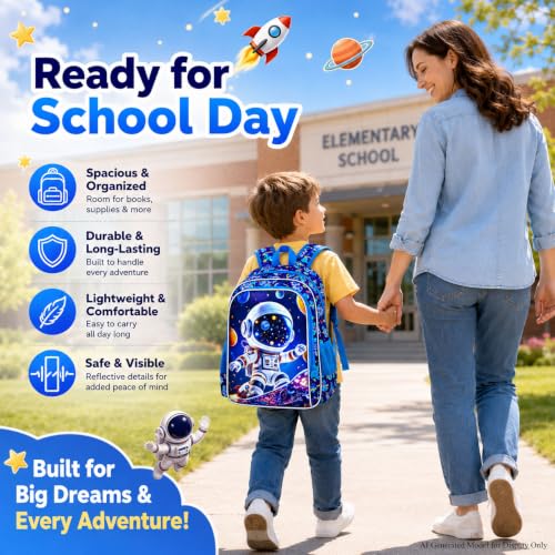 Image of 16 inch Space Boy Backpack, 3Pcs Astronaut Bookbag for Elementary Preschool Kindergarten, Kids School Backpacks with Lunch Box (Blue)