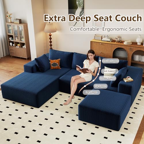 Image of 96 inch U-Shape Cloud Couch, Modern Modular Sectional L-Shape Sofa with Ottoman, Corduroy Upholstered Couches Deep Seat Sleeper Chaise Longue for Living Room, No Assembly Required(Blue, Left Facing)