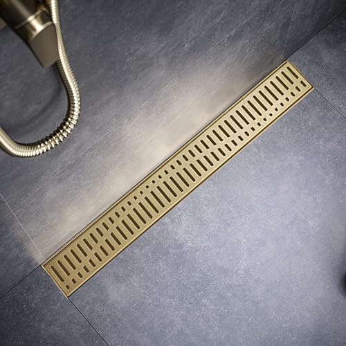 Image of Sharp-tec 24 inch Linear Shower Drain, Gold Rectangular Floor Drain, V-Shape Design Drain Channel, 304 Stainless Steel, cUPC Certificated for Bathroom Shower Room (Drain Base is Not Included)