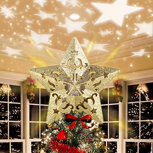 Christmas Tree Topper with 3D Projector Gold Star,fohuas LED Rota...