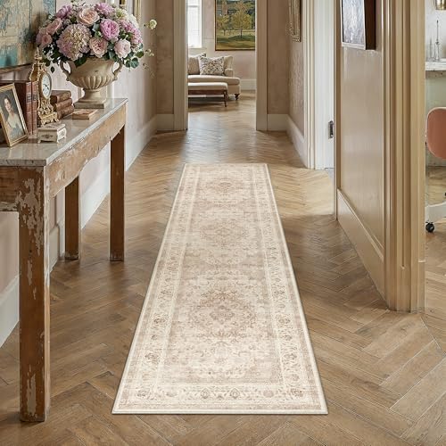 2x8 Washable Runner Rug for Hallway Beige Floral Vintage Non Slip Low Pile Thin Rug Soft Lightweight Stain Resistance Runner Kitchen Bathroom Living Room Entrance Beside Bed Home Decor 2'x8'