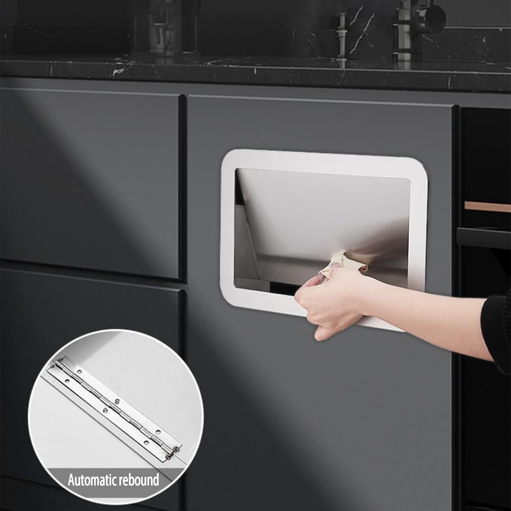 Wall Mounted Garbage Can Lid, Built-in Side Opening Waste Bin Cove, 304 Stainless Steel Flap Trash Chute for Cabinet Door Bathroom Bedroom Office,Silver,Style C