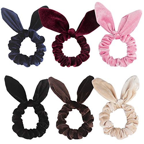 Didder 6 Pack Hair Scrunchy Rabbit Ear Hair Bow Bowknot Scrunchies Velvet Scrunchy Bobbles Elastic Hair Ties Bands Ponytail Holder, 6 Colors