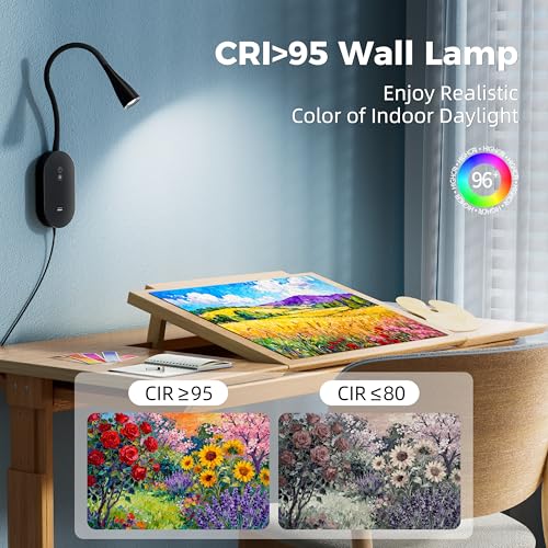 Image of deeloop LED Wall Mount Reading Lamp, CRI 95+ Wall Sconce Light with 10W USB Output,4 Color 5 Dimming Touch Control Wall Lamps with 4 Hours Auto-Off Bed Lighting Spotlight Black