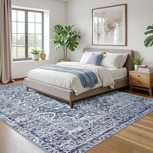KUTA 9x12 Blue White Vintage Area Rug for Living Room, Washable Large Rugs for Bedroom 9ft x 12ft Non-Slip, Ultra Soft Printed Modern Floral Distressed Dining Room Low-Pile Wool Carpet