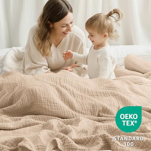 Image of 100% Cotton Muslin Blanket Queen 90 inch x 90 inch, 6 Layers Breathable and Lightweight Cotton Throw Blanket for Bed, Soft Quilt Bedspread Coverlet, Gauze Blanket for Adults All Season, Beige Linen