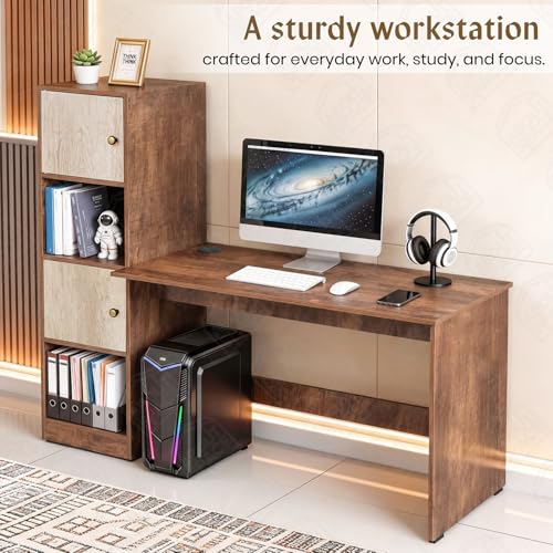Image of ABOUT SPACE Study Table with Cabinet - Computer Table with 2 Open, 2 Closed Storage Space DIY Engineered Wood Office Desk for PC Laptop Gaming (Beige & Walnut - L 158.5 x B 56 x H 146.5cm)
