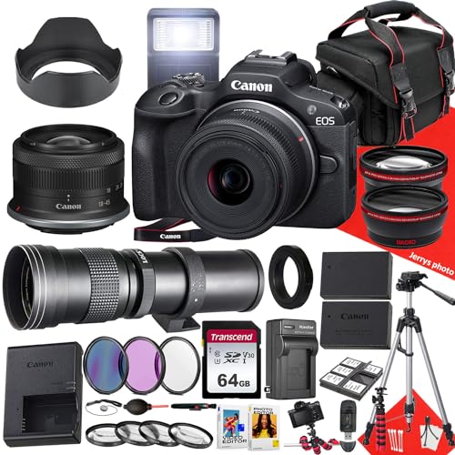 Canon EOS R100 Mirrorless Camera with 18-45mm and 420-800mm Lens + 64 GB Memory + Hood + Monopod + Filters + Tripod + More (31pc Bundle), Black (Renewed)