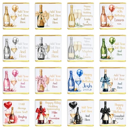 Personalised Champagne Chocolate Neapolitan Squares Congratulations Well Done Get Well Soon Thank you Anniversary Birthday Wedding Hen Party Favour Custom Own Design (10 Gold Foil)