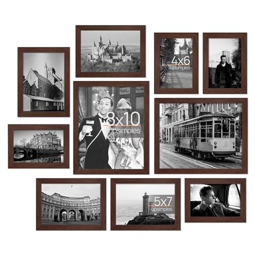 upsimples 10 Pack Picture Frames Collage Wall Decor for Mounting or Tabletop Display Photo Gallery Frame Set for Family Multi Sizes Including 8x10 5x7 4x6 Brown