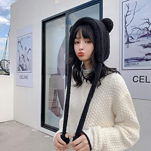 Ankomina Winter Cute Bear Ear Warm Hat Women Plush Earflap Beanie Hat Kids Girls Windproof Skull Cap Black #TOP4